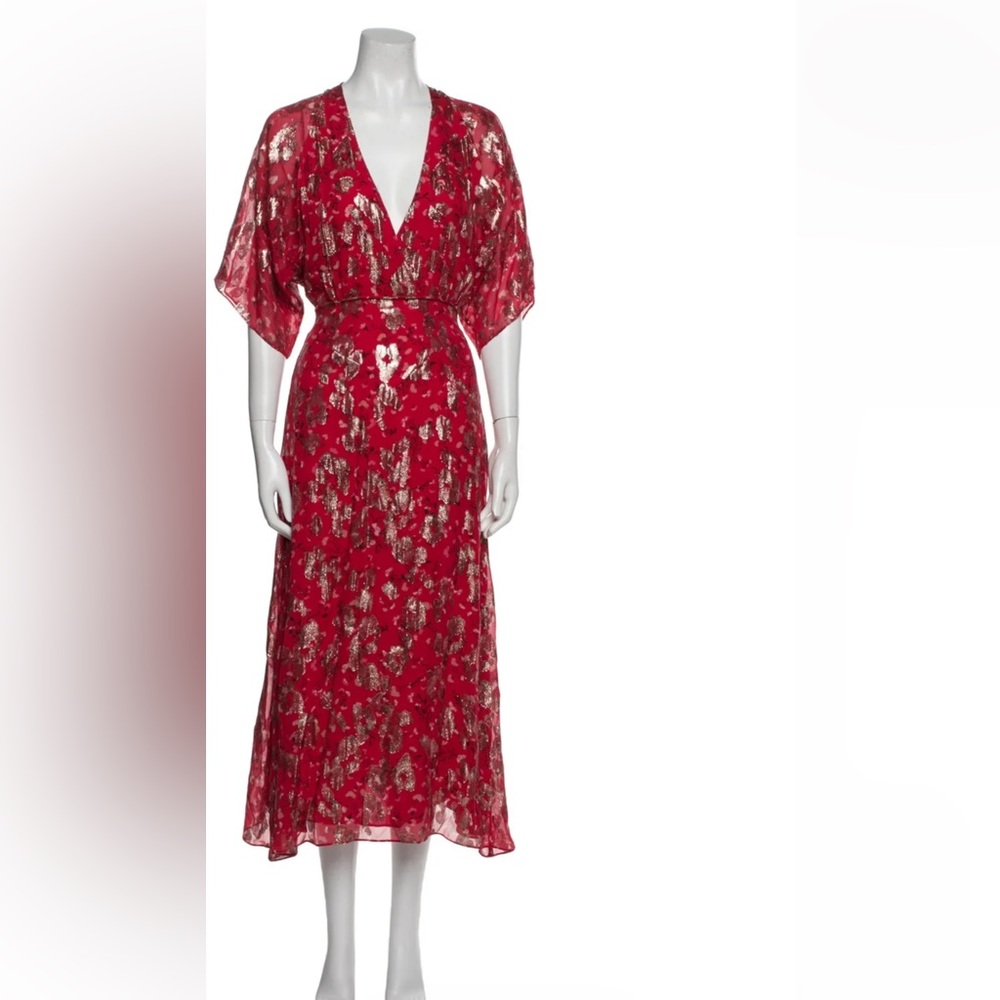 ba&sh Red Floral Metallic-Print Midi Dress